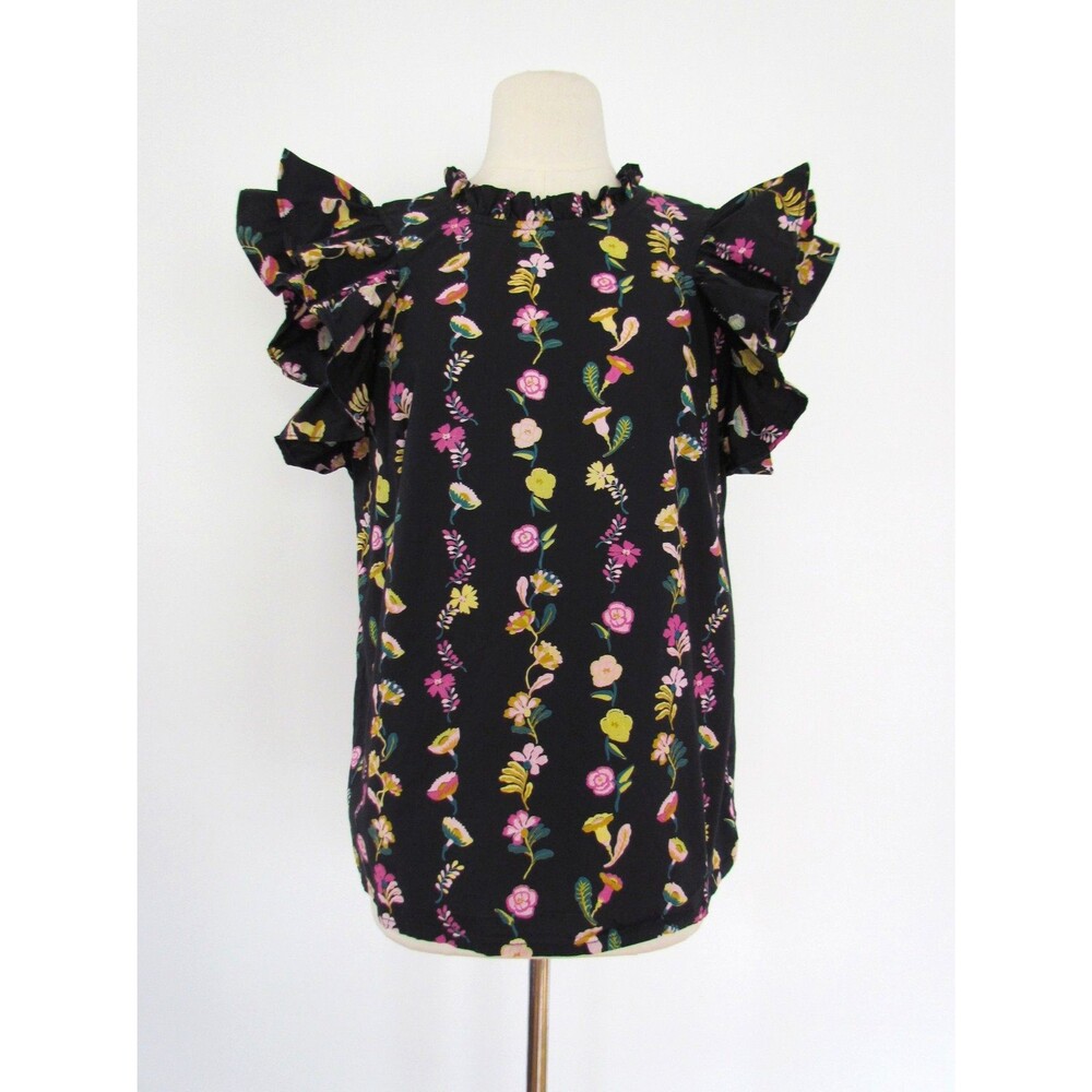 Banjanan Top Womens L Black Floral Blouse Tiered Butterfly Ruffle Sleeve Cotton